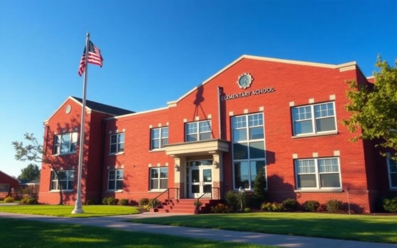 Suburban elementary school with American flag