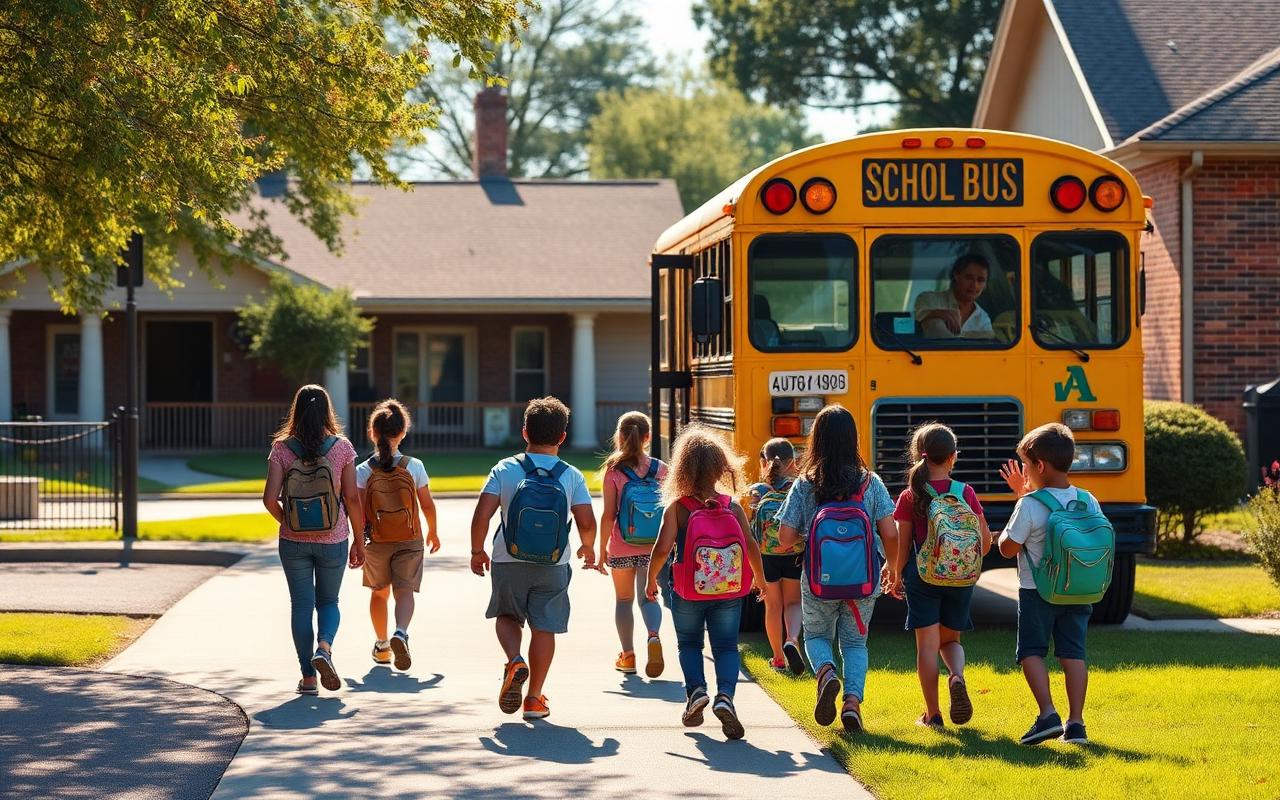 Children boarding a yellow school bus in a suburban neighborhood