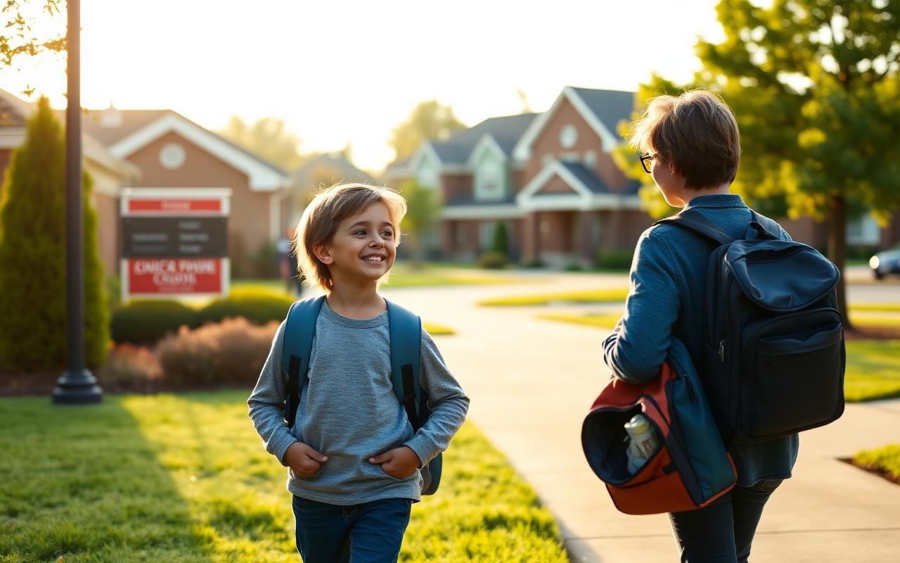 Parent walking child to school in a Charlotte neighborhood